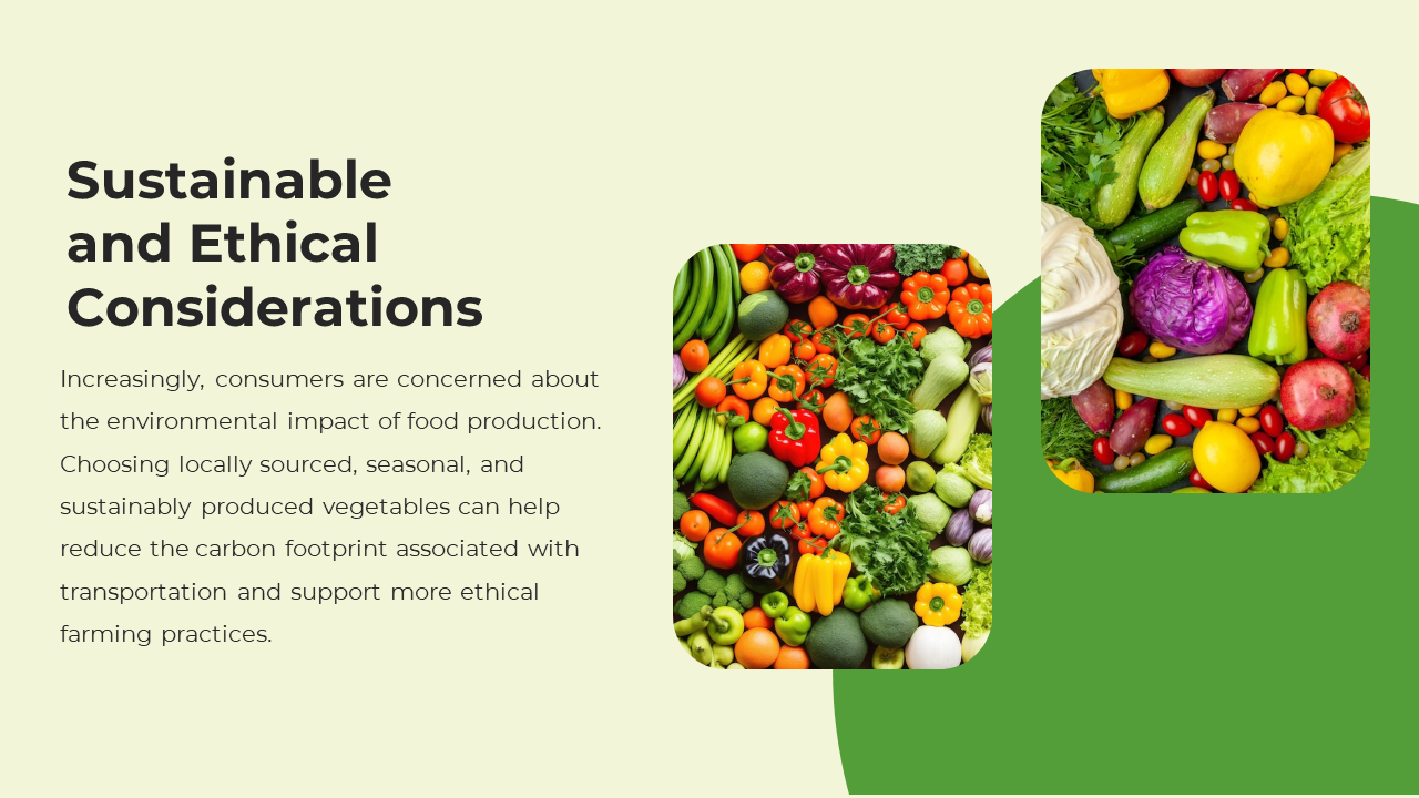 Soft pastel slide with text on left, with two vibrant vegetable photos framed in rounded corners, above a green circle.