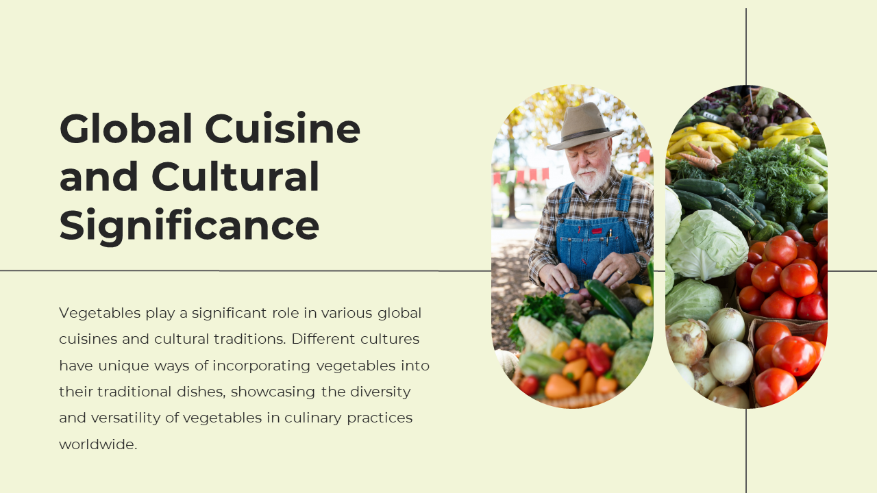 Light green themed slide with bold text on left paired with two oval images of a farmer and fresh vegetables.