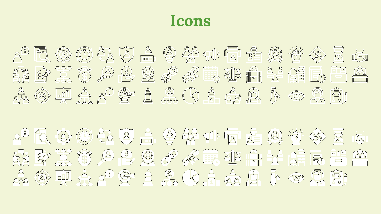 Two sets of outlined and solid icons in black, including office related symbols, placed on a soft green backdrop.