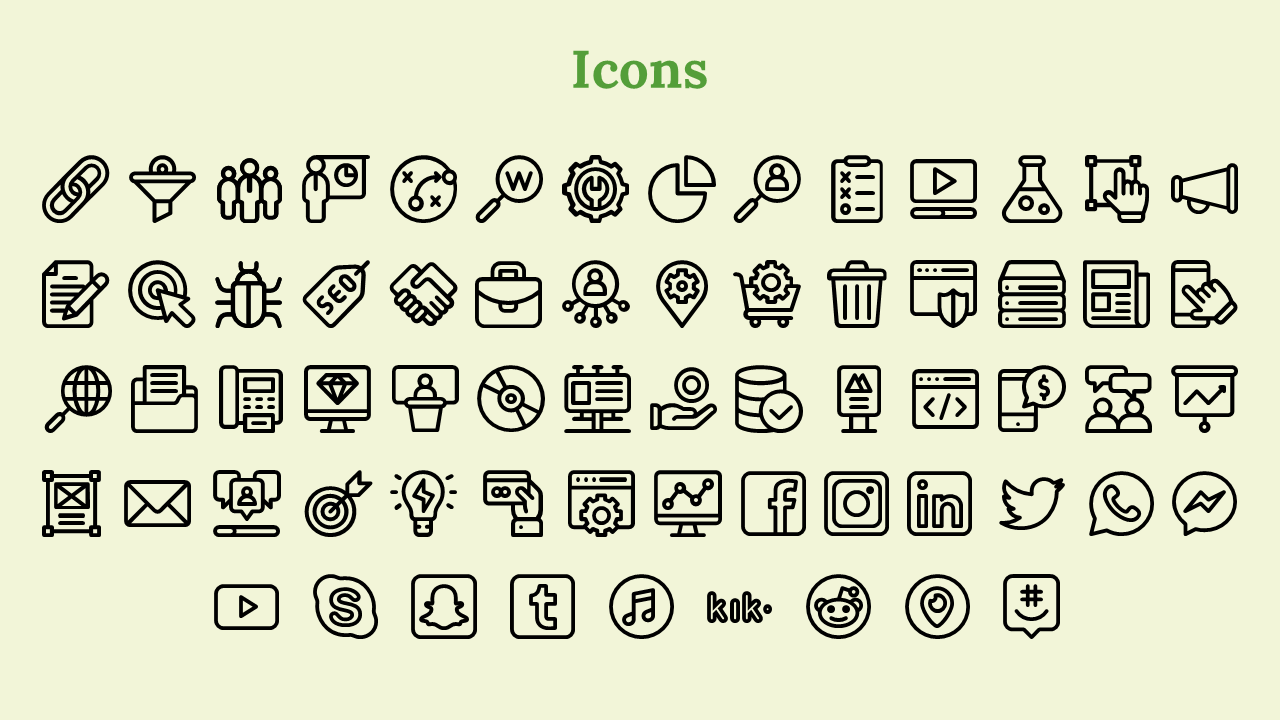 Slide with various black icons, such as social media logos and digital tools, displayed on a light green background.