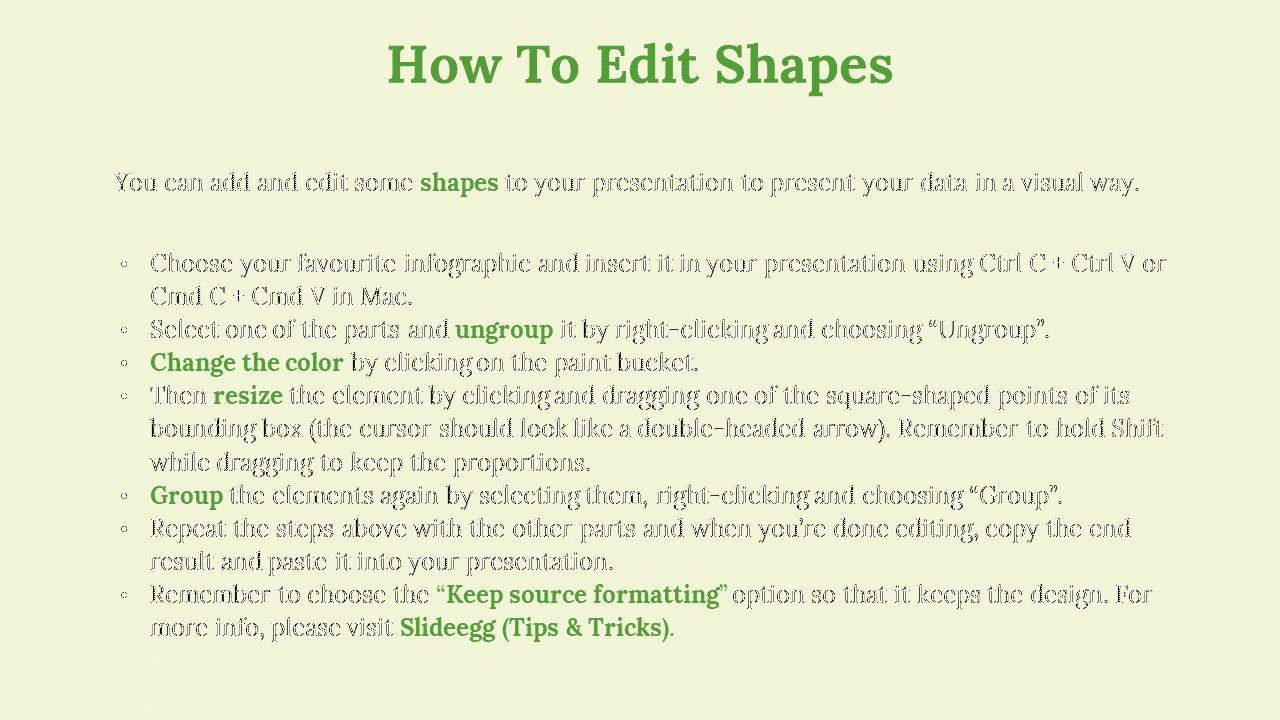 Light pastel background with bold green headings and instructions on how to edit shapes in a PowerPoint presentation.