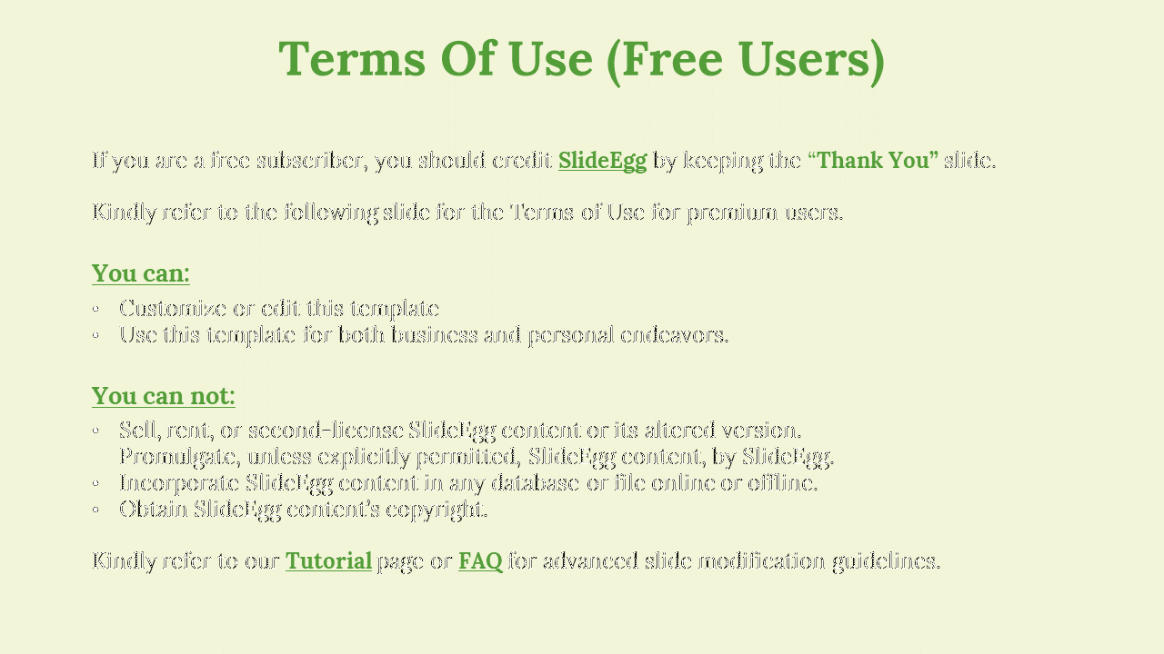 Pale green background with bold green title and a clear, bullet point list of terms, focusing on free users.
