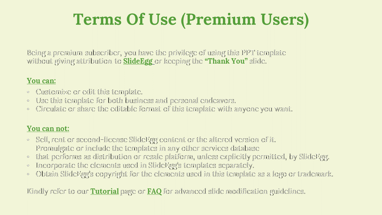Terms of use slide  for premium users with green header, black text, and bullet points, on a light pastel backdrop.