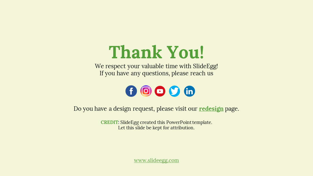 Thank you slide with green text and colorful social media icons in circular shapes, set against a light pastel backdrop.
