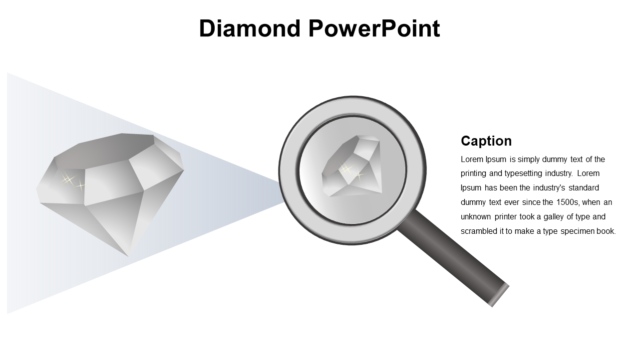 Slide with a magnifying glass focusing on a diamond, with a light beam highlighting the diamond and a caption on the right.