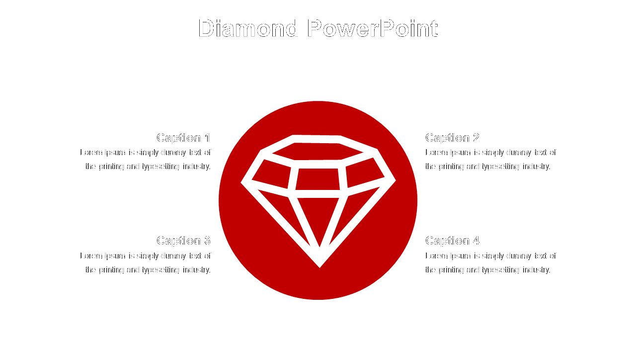 Slide with a large red circle containing a white diamond icon in the center, with four captions around it.