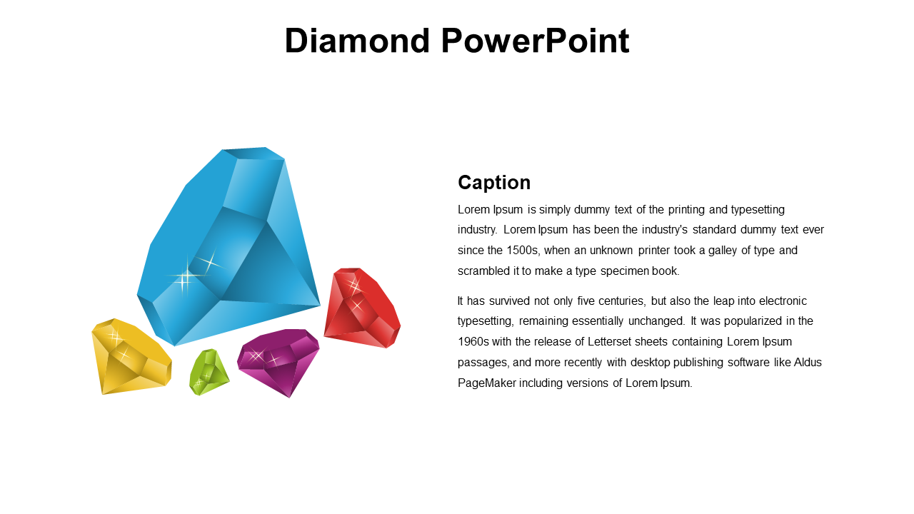 Slide with a large blue diamond and smaller yellow, green, red, and purple diamonds, with text on the right side.