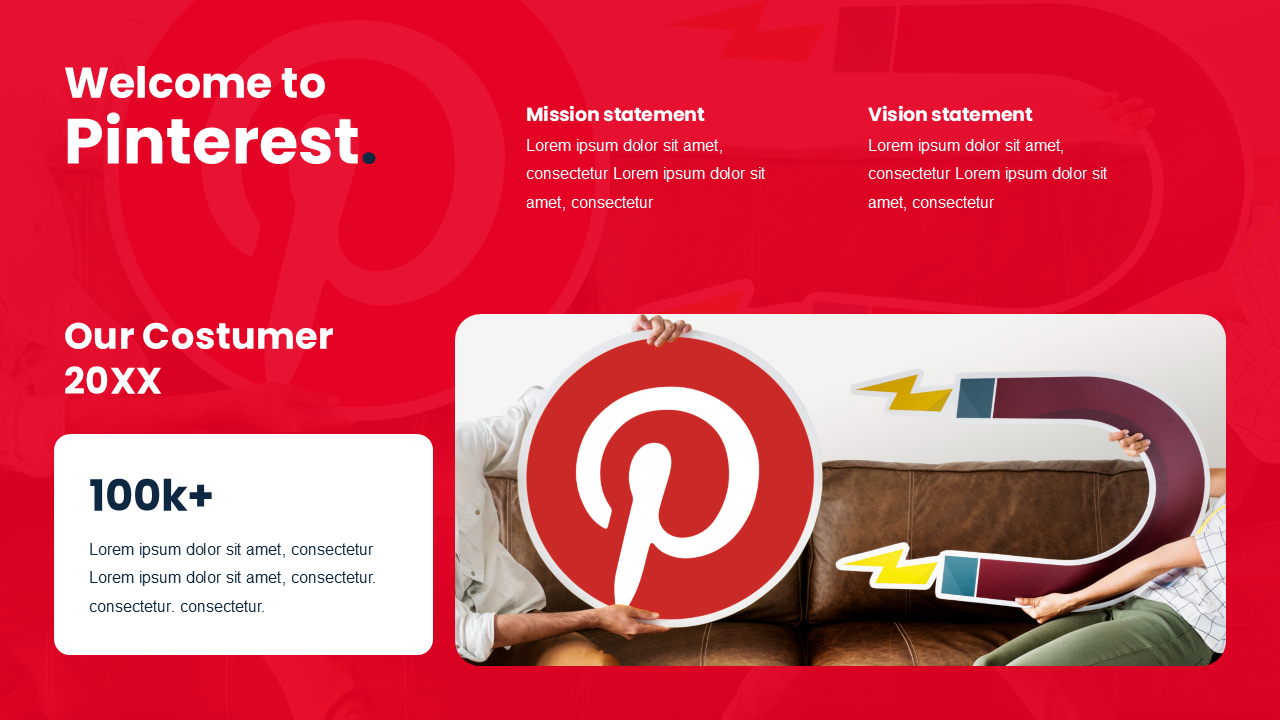 Red and white layout with hands holding a Pinterest logo and a magnet, and text boxes for customer info, mission, and vision.