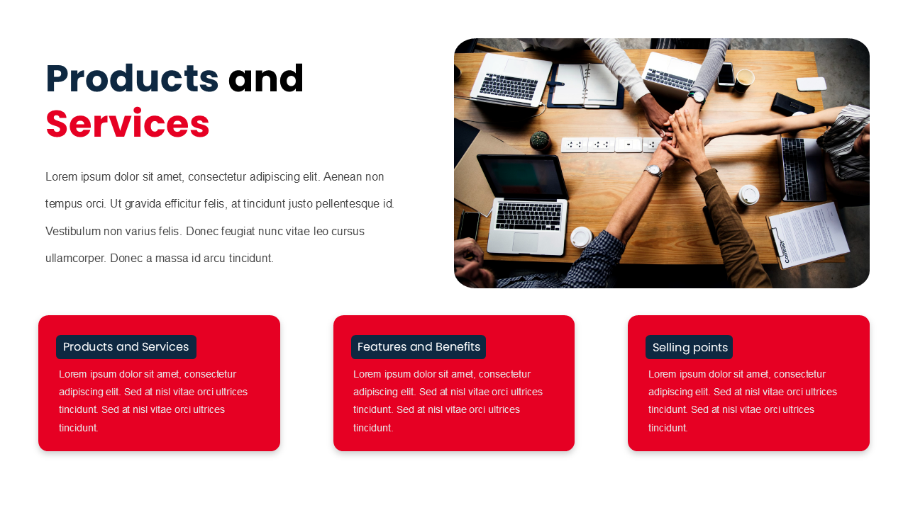 Slide with a photo of hands joining on a table surrounded by laptops, with three red boxes below, on a white backdrop.