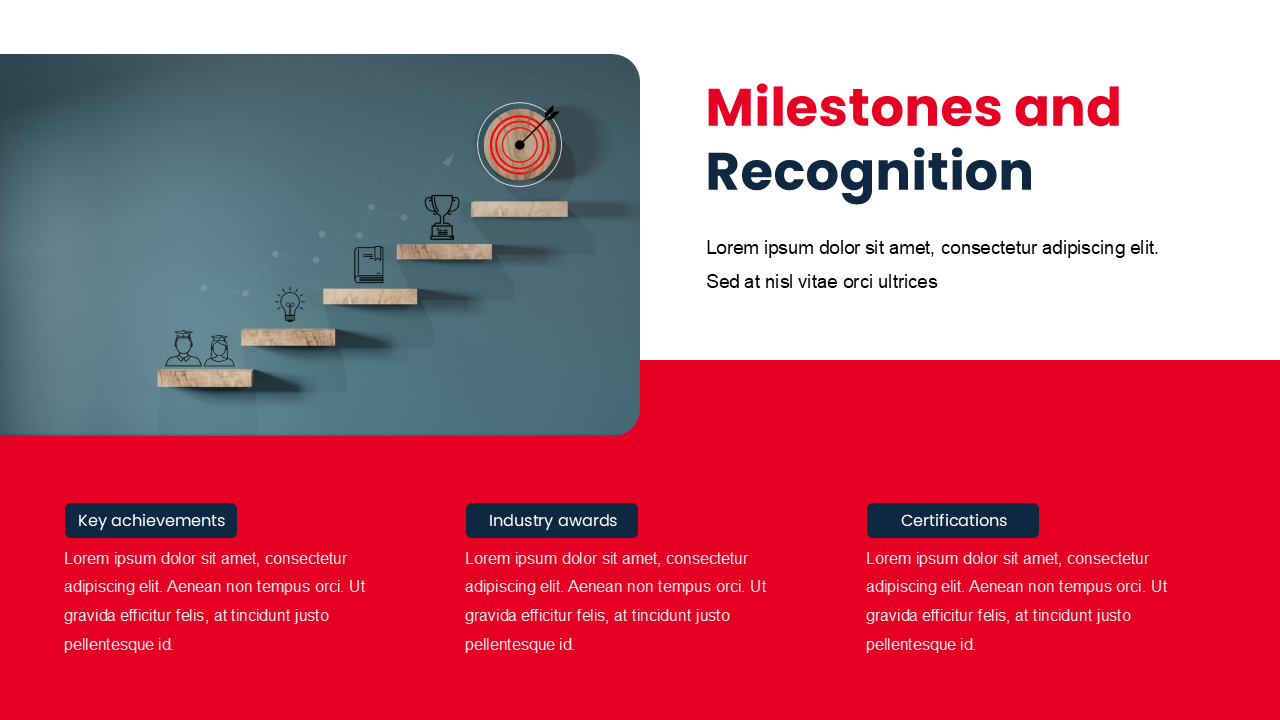 Milestones graphic with icons on wooden steps and a red and white layout, with three labeled boxes below.