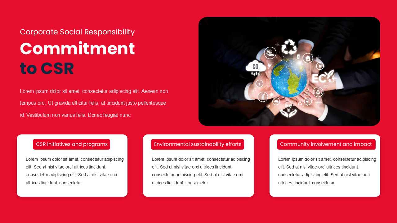 Vibrant red template with hands holding a globe surrounded by icons in a dark bakdrop, and three white boxes at the bottom.