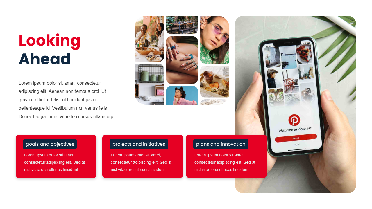 Slide featuring a collage of images, three red boxes at the bottom, and hands holding a phone with Pinterest screen.