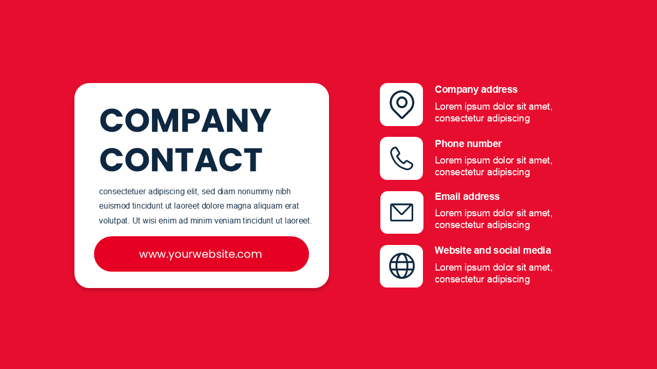 Red background with a white rectangular block containing title and four contact icons neatly arranged on the right.