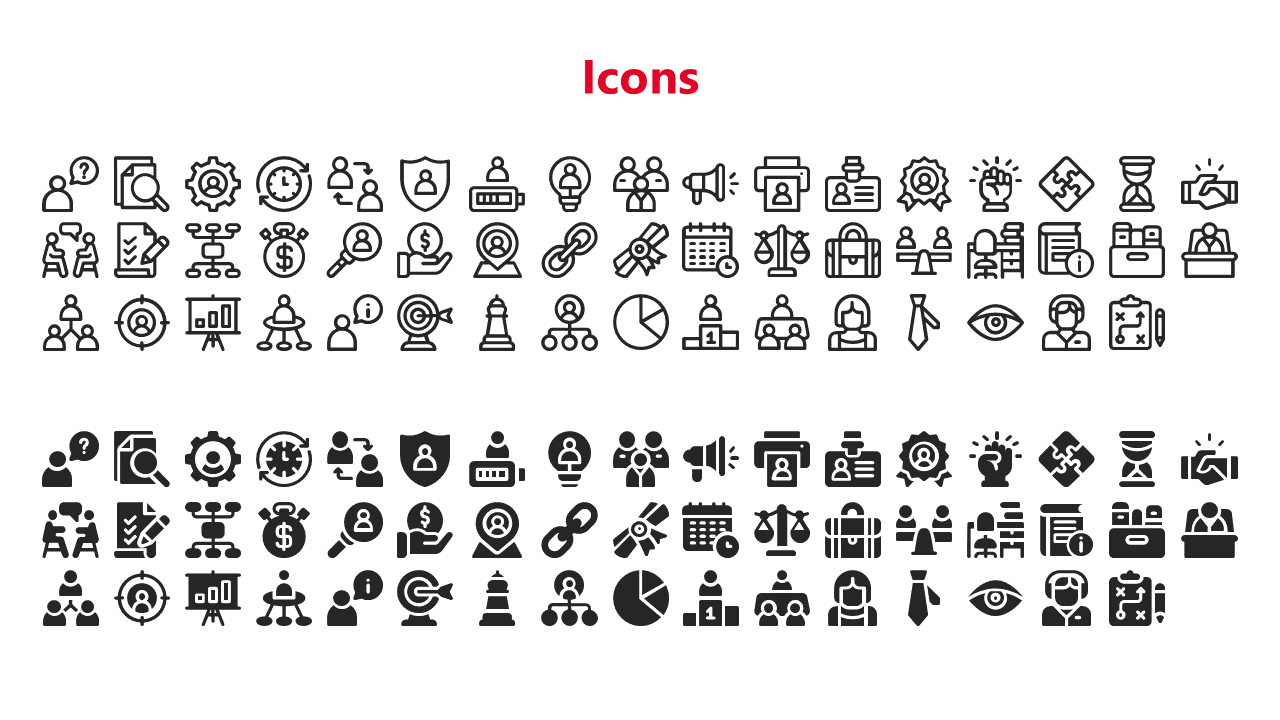 Grid of outlined an filled icons arranged in rows, representing business, communication, and technology, under red heading.