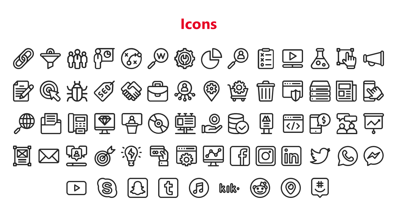 Icon set with a variety of symbols, including social media, business tools, and communication icons, under bold red title.