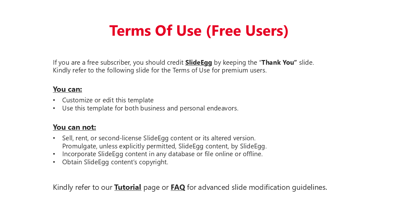 Terms of use slide for free users, outlining what can and cannot be done with the SlideEgg template, with a red tite.