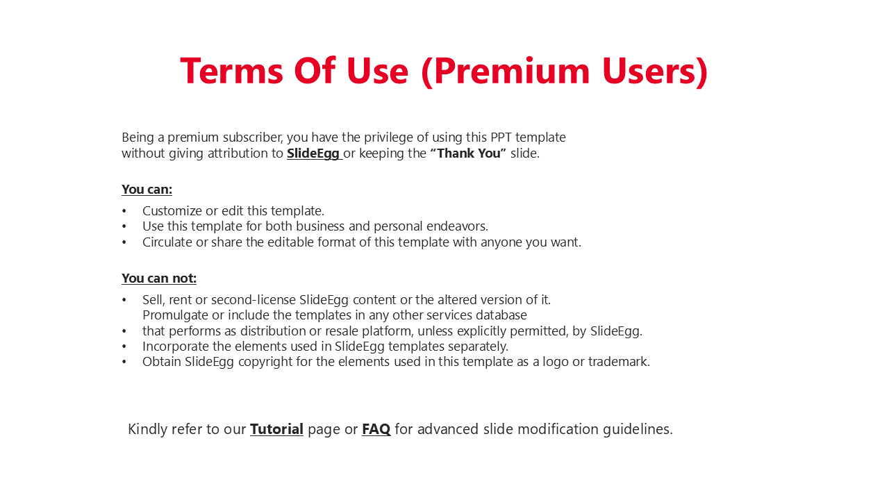 Terms of use slide for premium users of SlideEgg, outlining the rights and restrictions under red title and black text.
