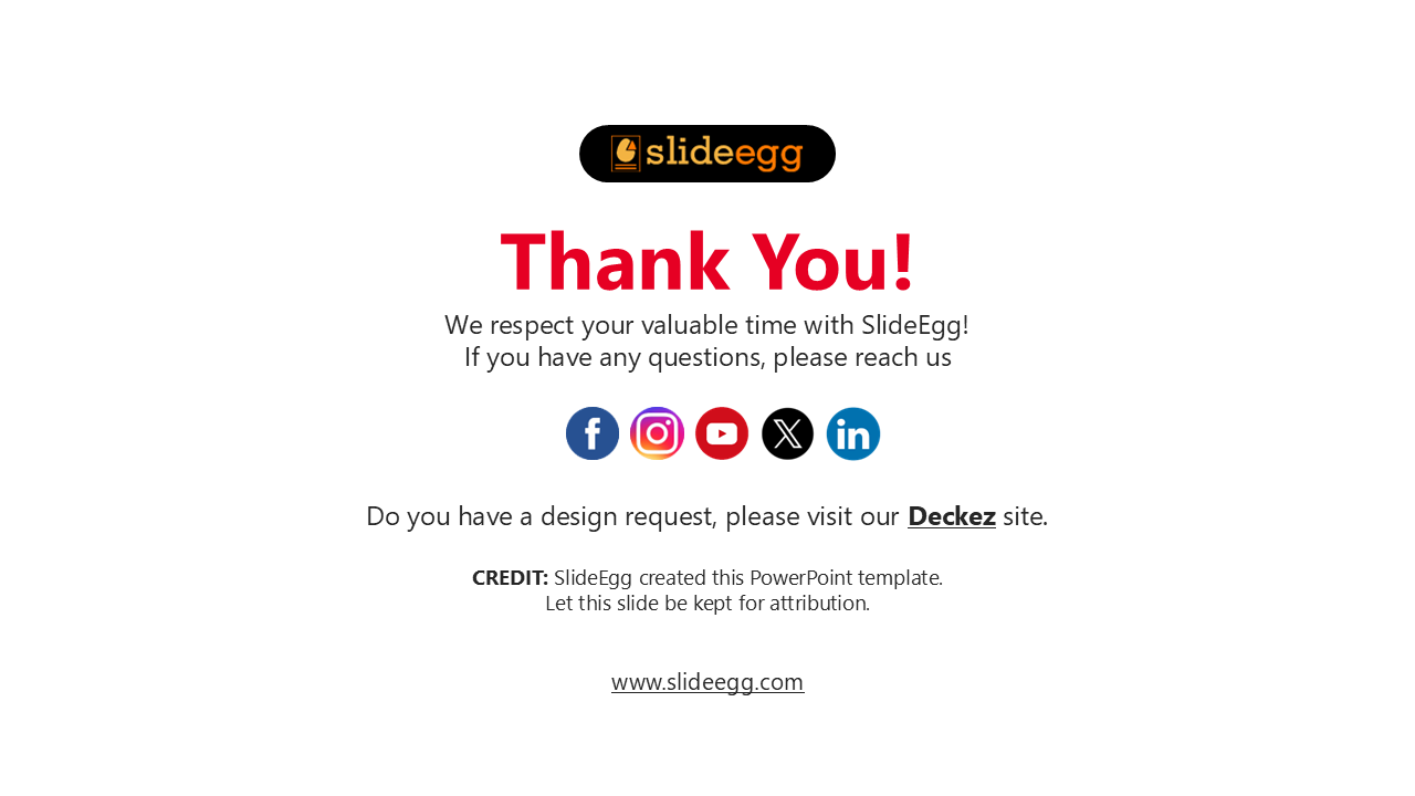 Red thank you message with social media icons and a design request link, along with a credit note for the template.