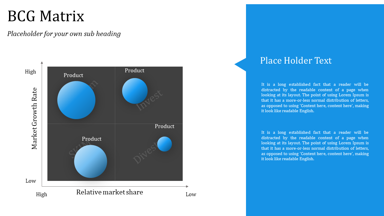 BCG matrix slide with four blue circular product icons in a grid on dark background, and text on the right.