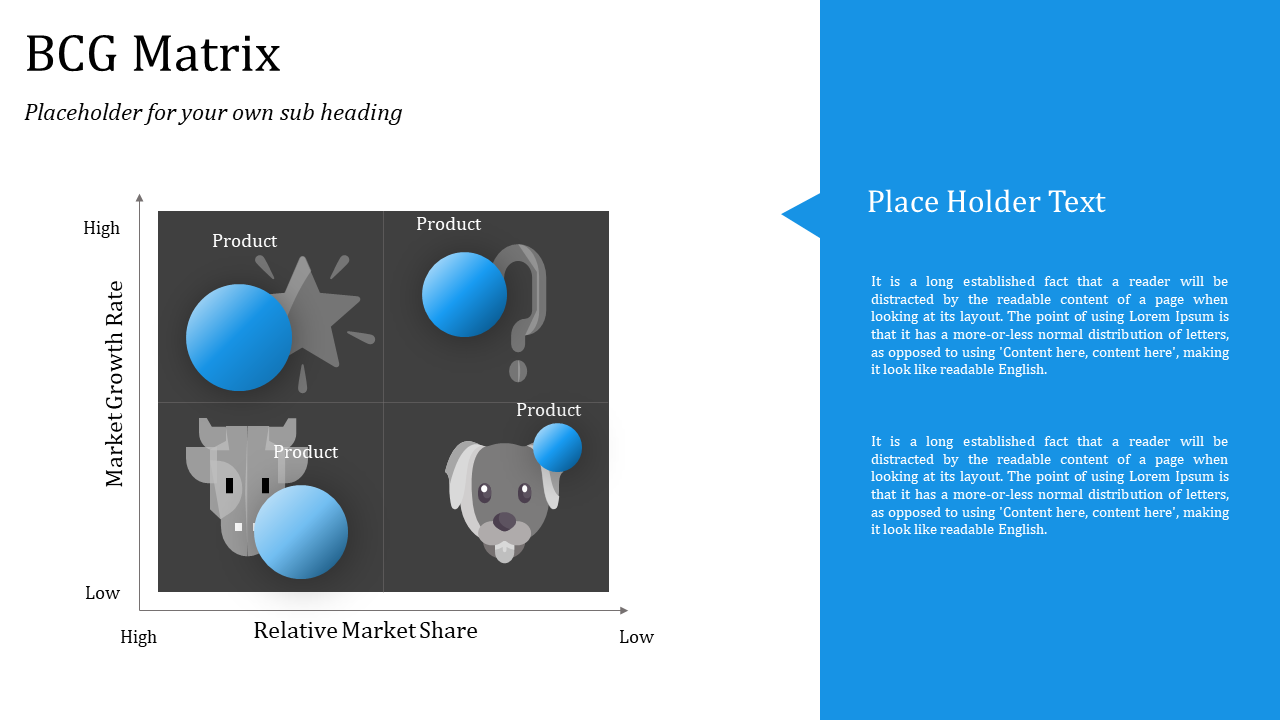 BCG matrix slide with four products represented by blue circles and icons in a dark layout and text on the right.