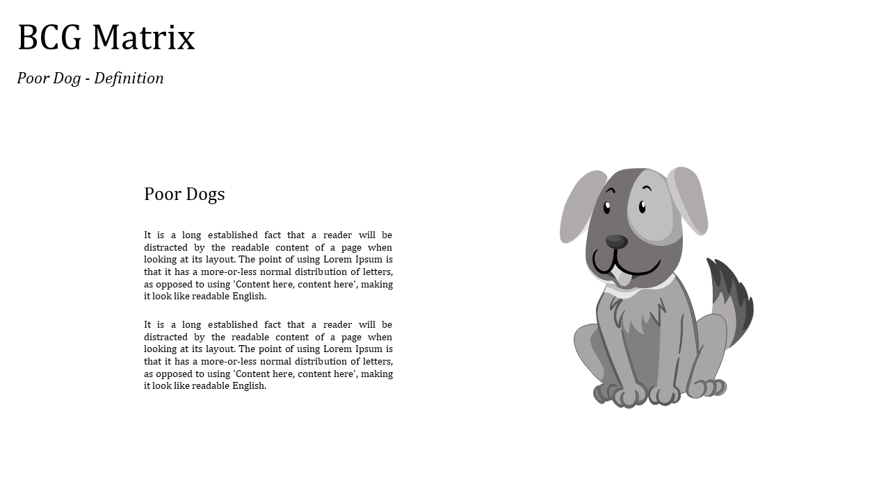 BCG matrix slide with a cute dog illustration in gray and white tone, with placeholder text on the left.