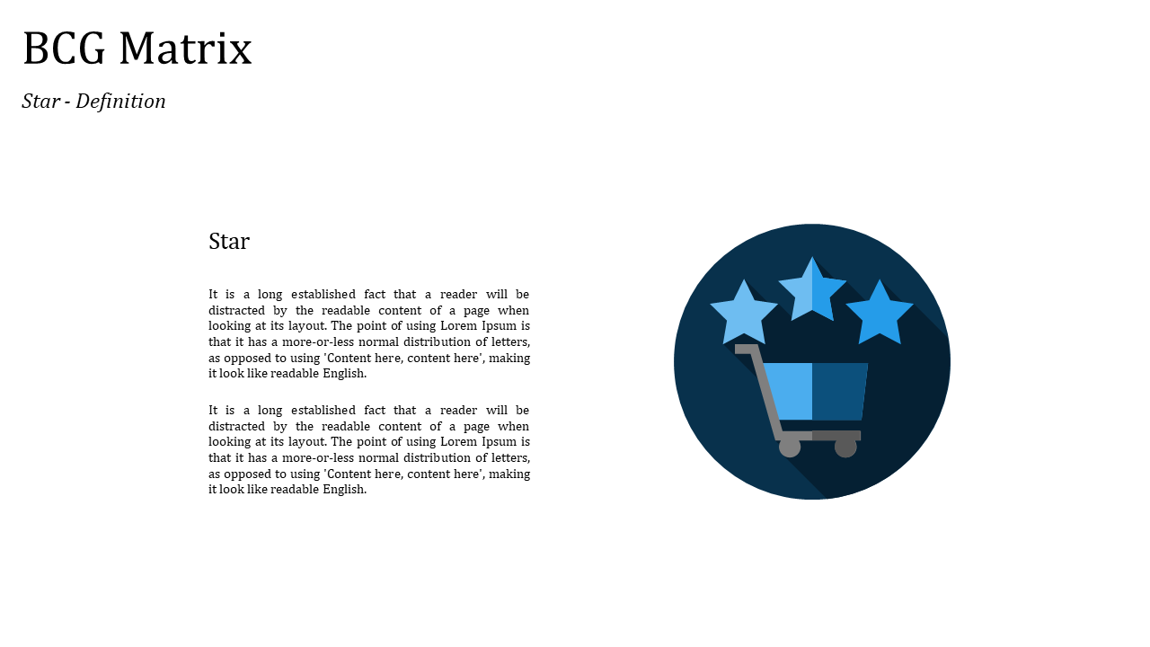 BCG matrix slide with a shopping cart icon containing blue stars in a dark circular frame with placeholder text.