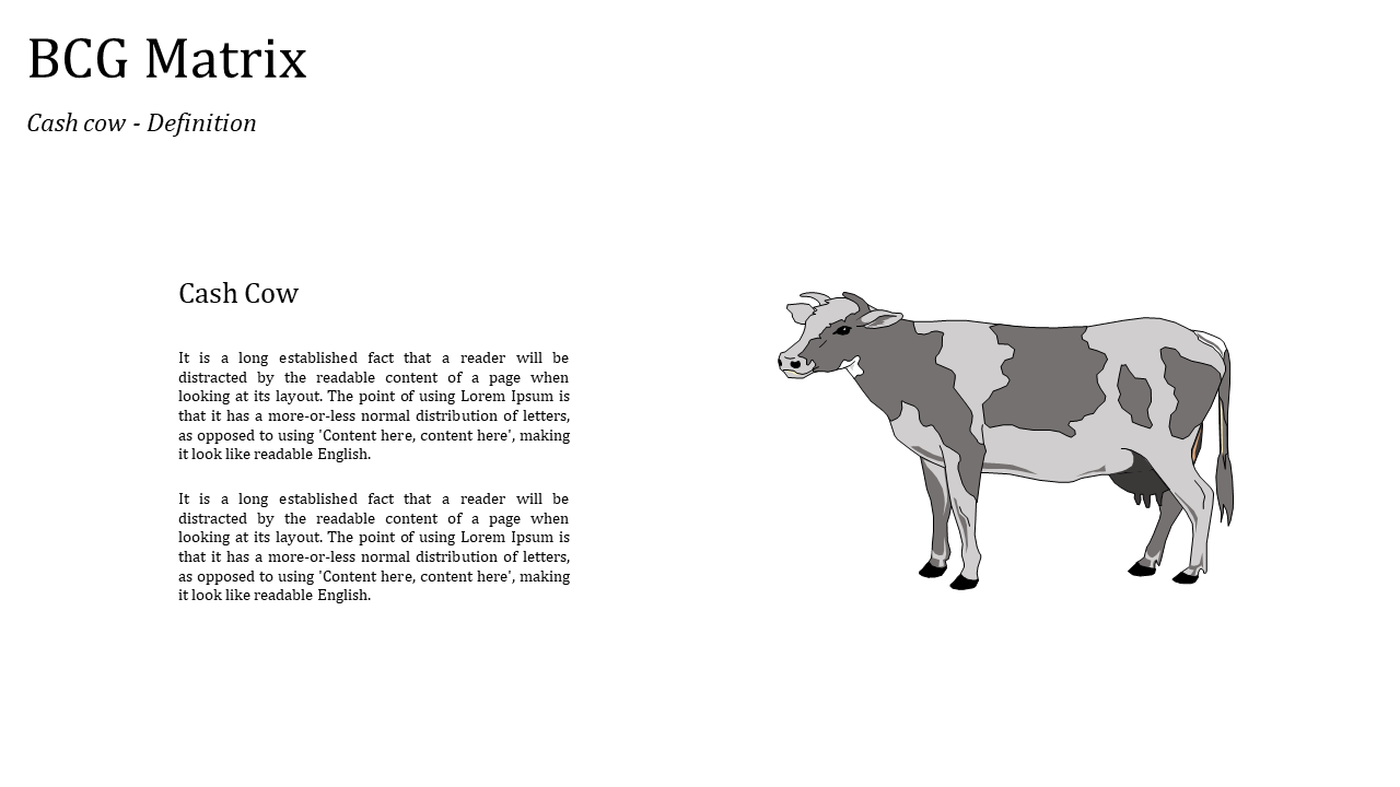 BCG matrix layout with cow illustration on the right and placeholder text in a clean, minimalistic gray and white design.