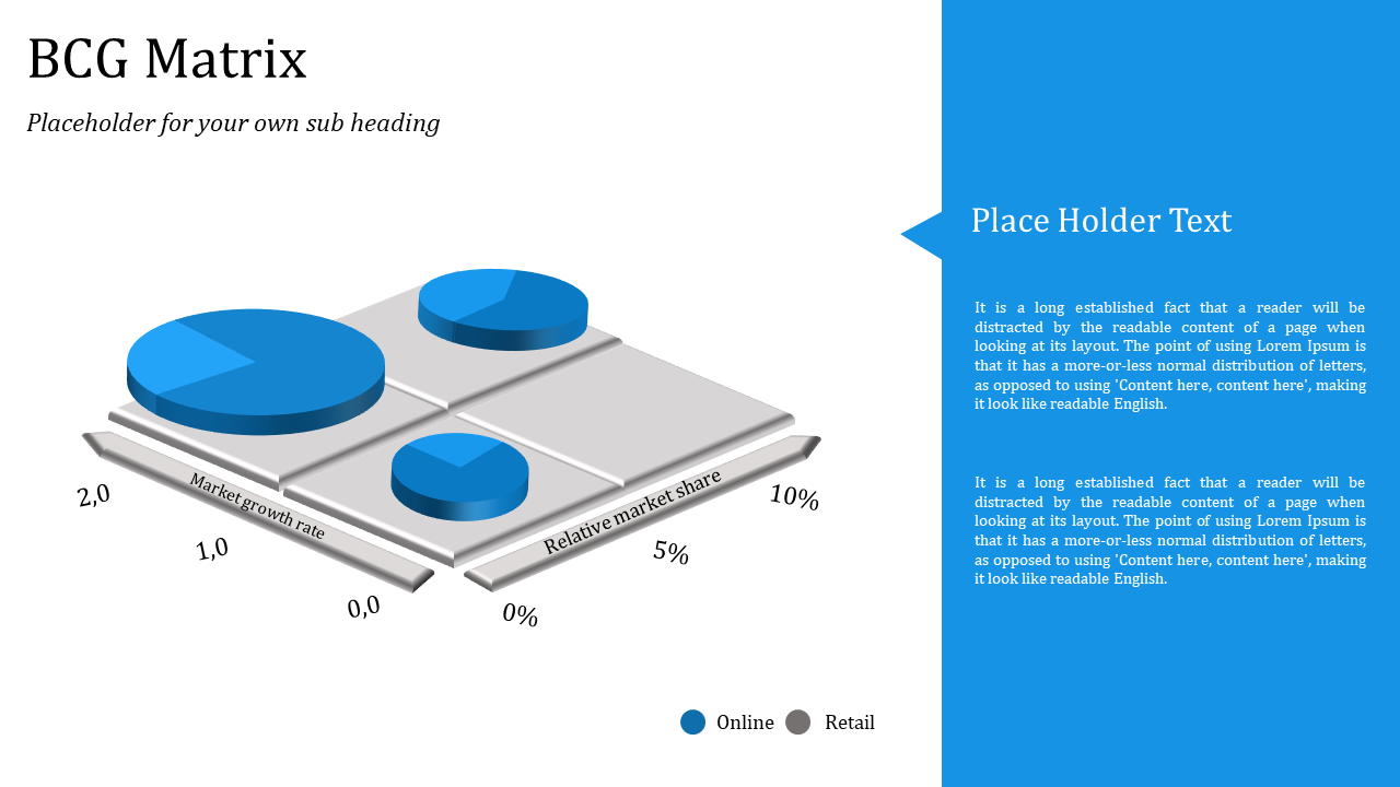 Matrix chart with three blue circles in varying size, set in a gray layout with a placeholder for text.