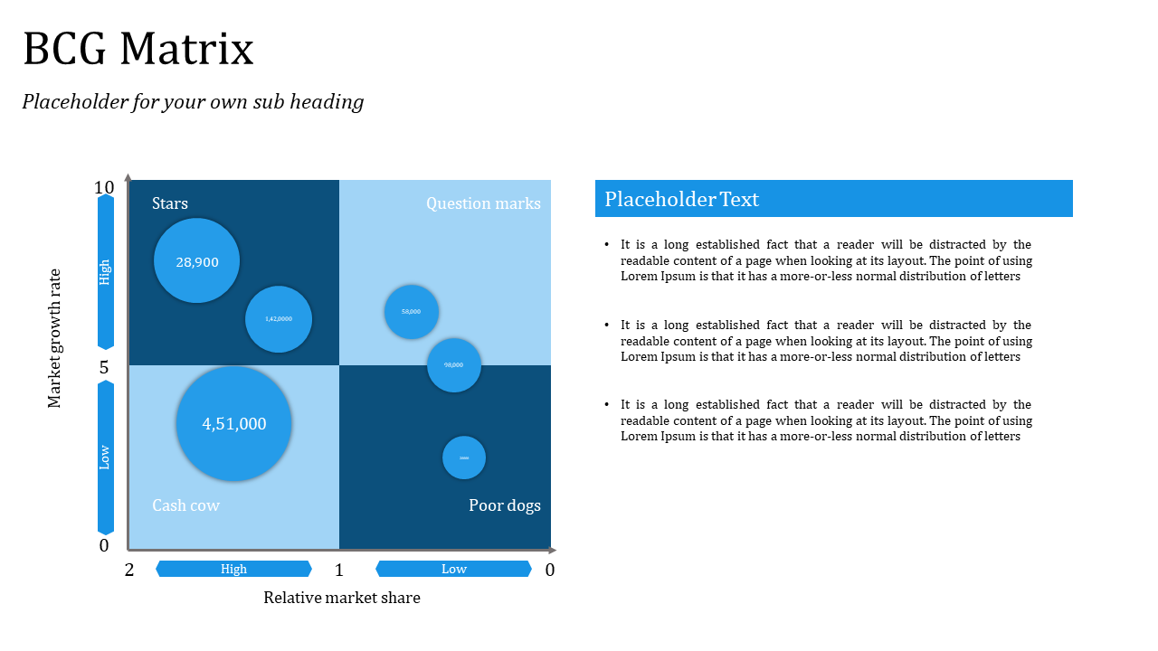 BCG matrix with blue circles of varying sizes and placeholder text on the right, representing products in quadrants.