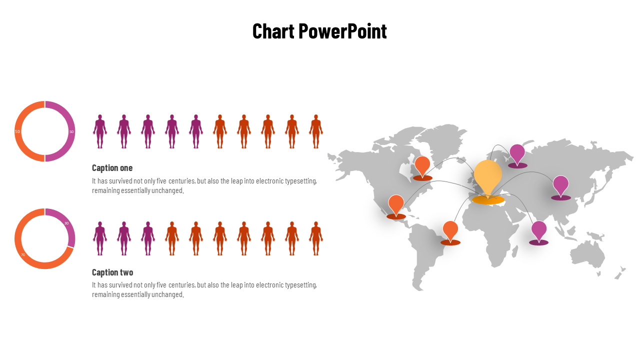 Colorful donut charts and icons illustrating gender or team distribution with connected location markers on a world map.