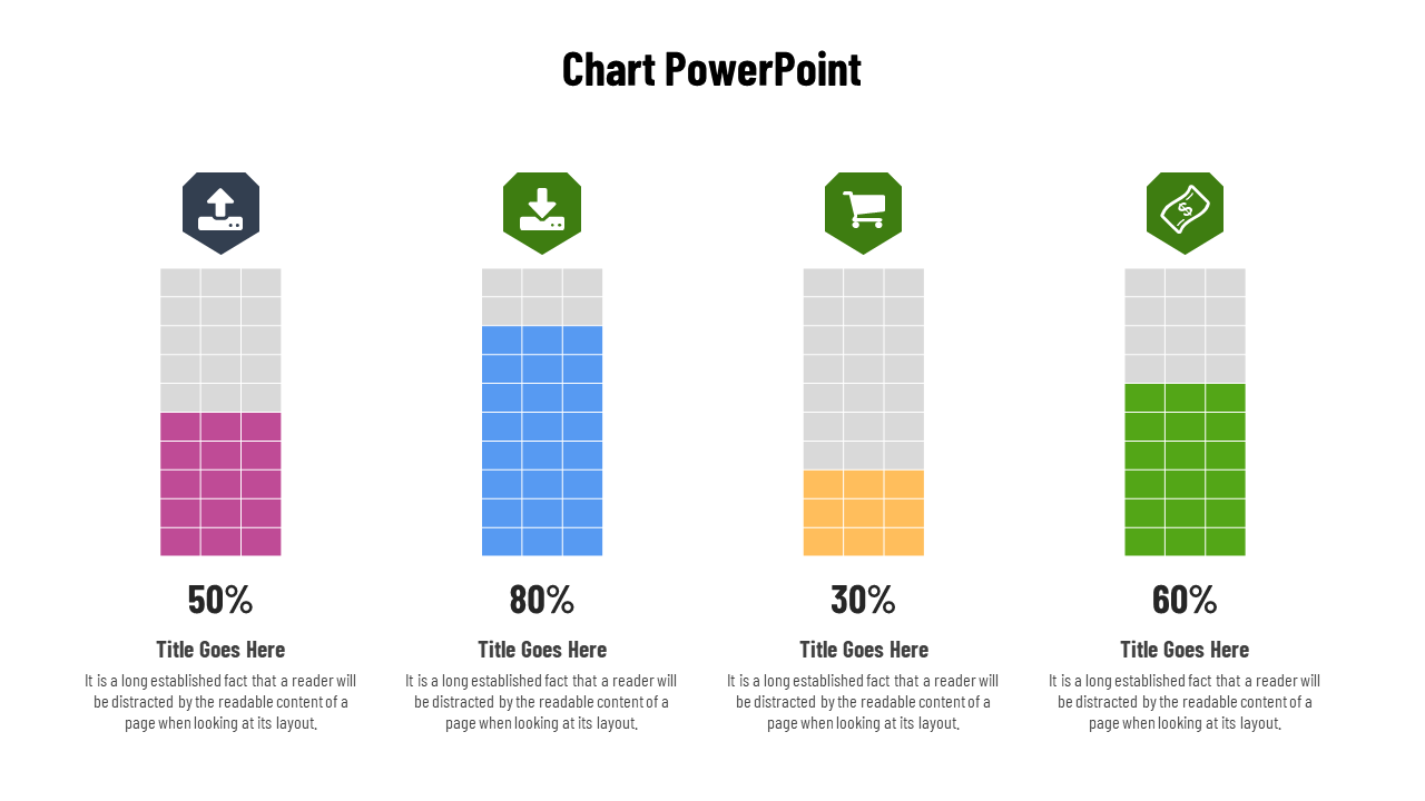 Four colorful vertical bar charts with percentage values each topped with a unique icon and description on a white backdrop.