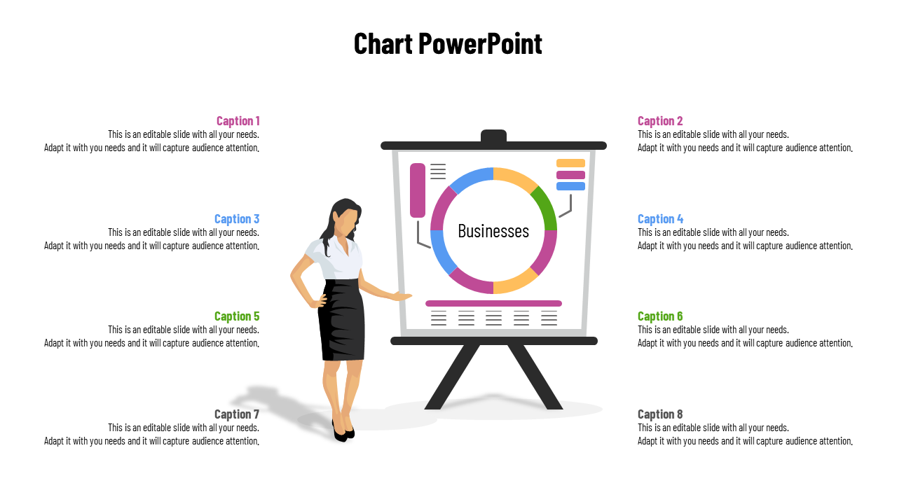 A businesswoman presenting a colorful circular business chart with eight labeled captions around a central board.