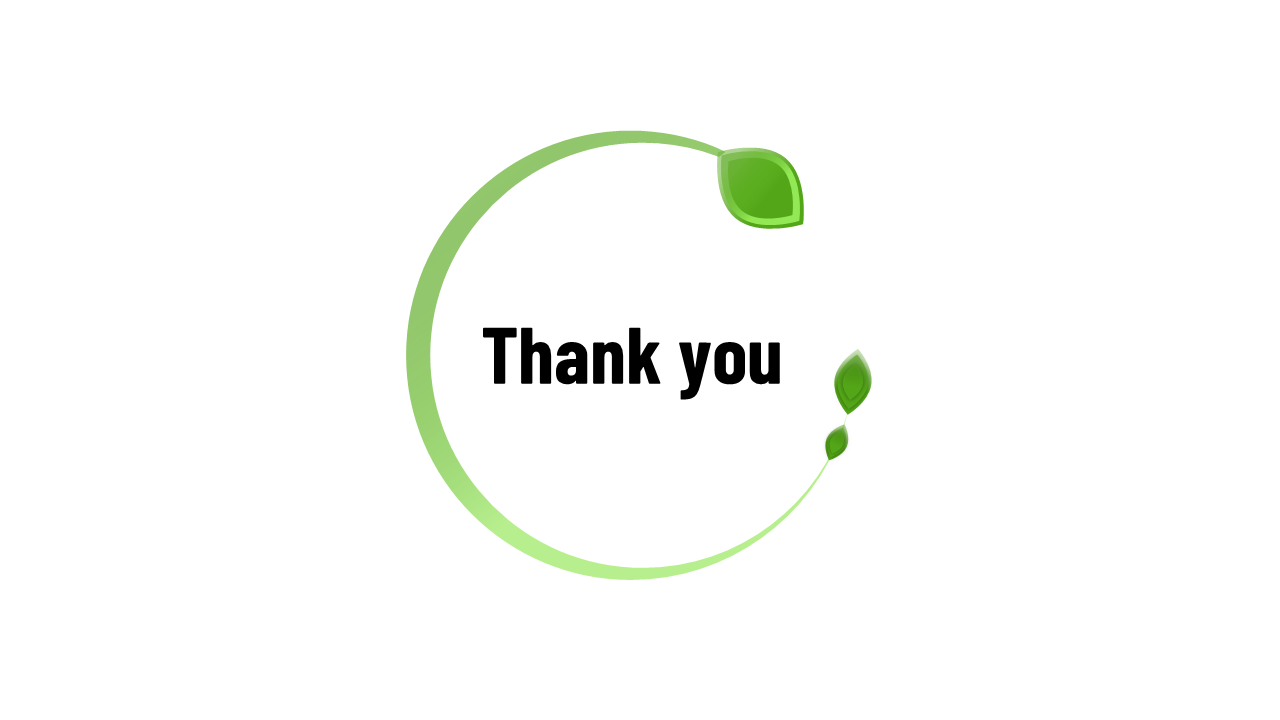 Thank you message inside a green circular leaf design symbolizing growth and sustainability on a white backdrop.