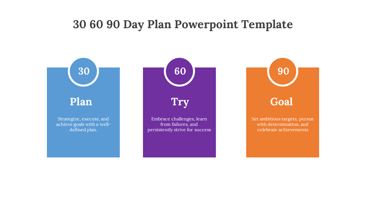 Three step 30 60 90 day plan in vertical blocks labeled Plan, Try, and Goal with colored circle headers.