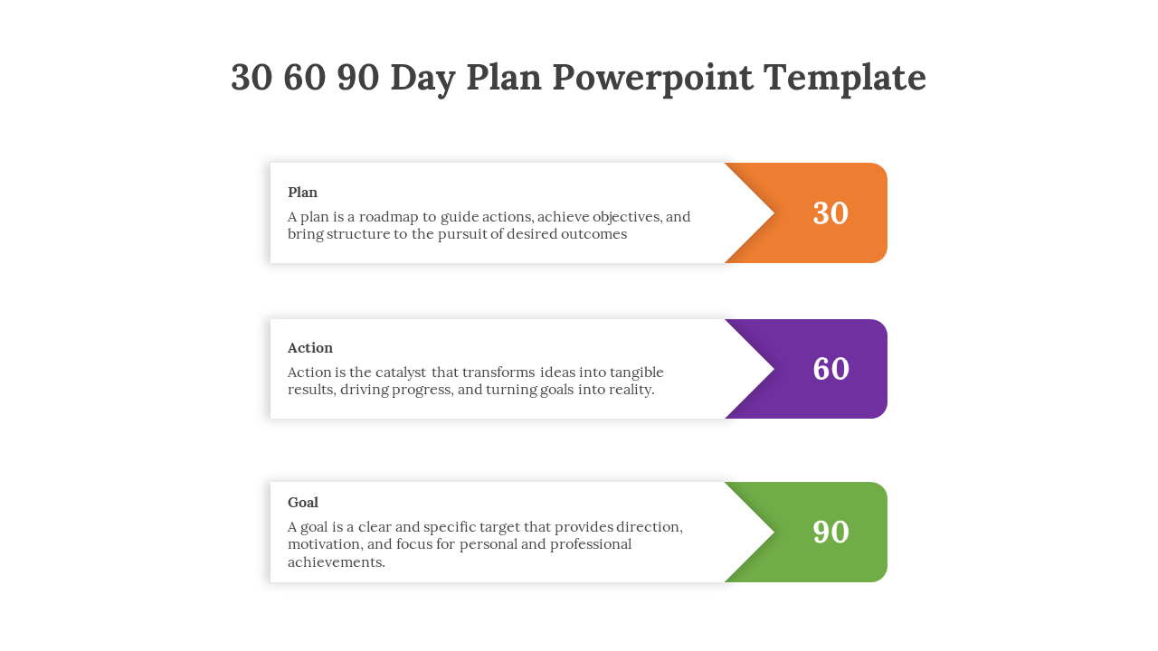 Three step 30 60 90 day plan template with arrow shapes labeled Plan, Action, and Goal in orange, purple, and green.