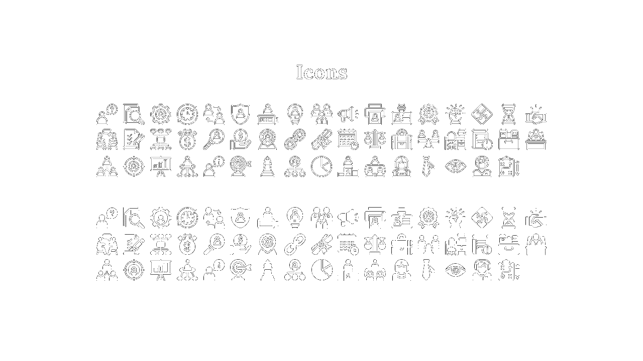 Collection of business themed outlines and filled icons including user profiles, graphs, gears, and strategy symbols.