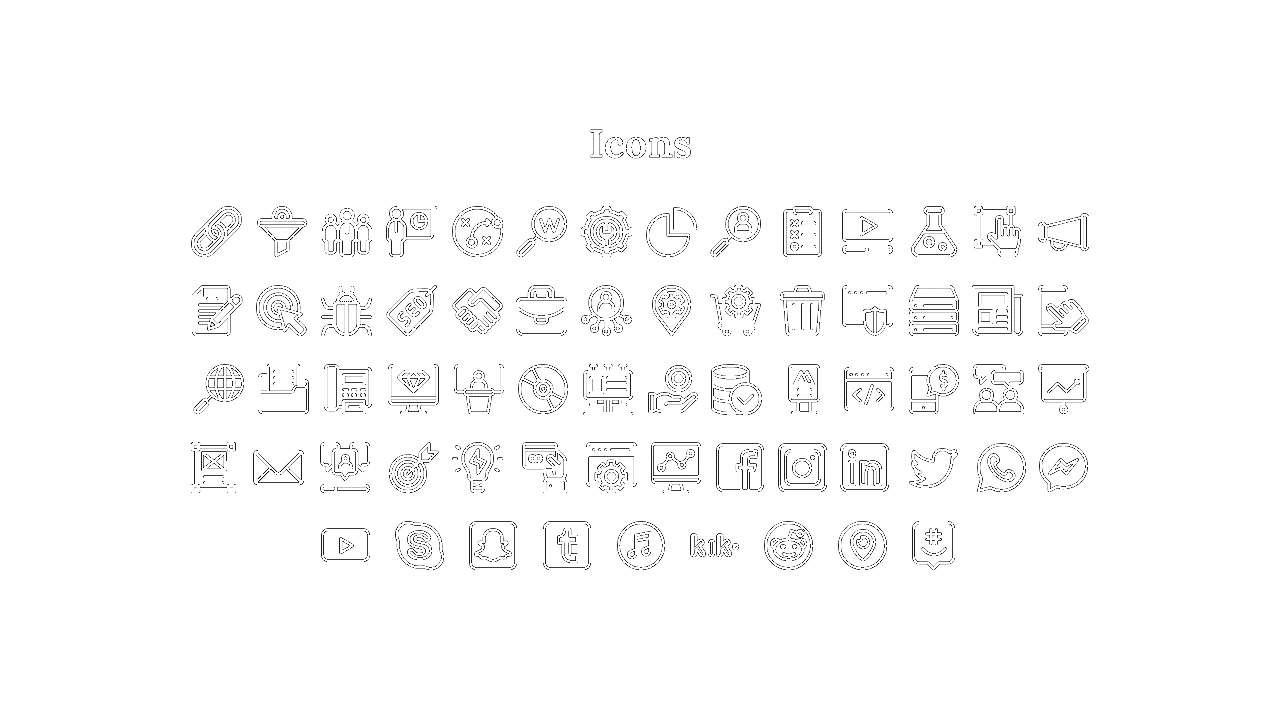 Collection of line icons including charts, gears, user avatars, social media logos, and digital interface elements.