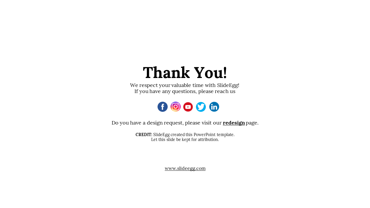 Thank You slide with social media icons and SlideEgg contact and credit details on a white backdrop.