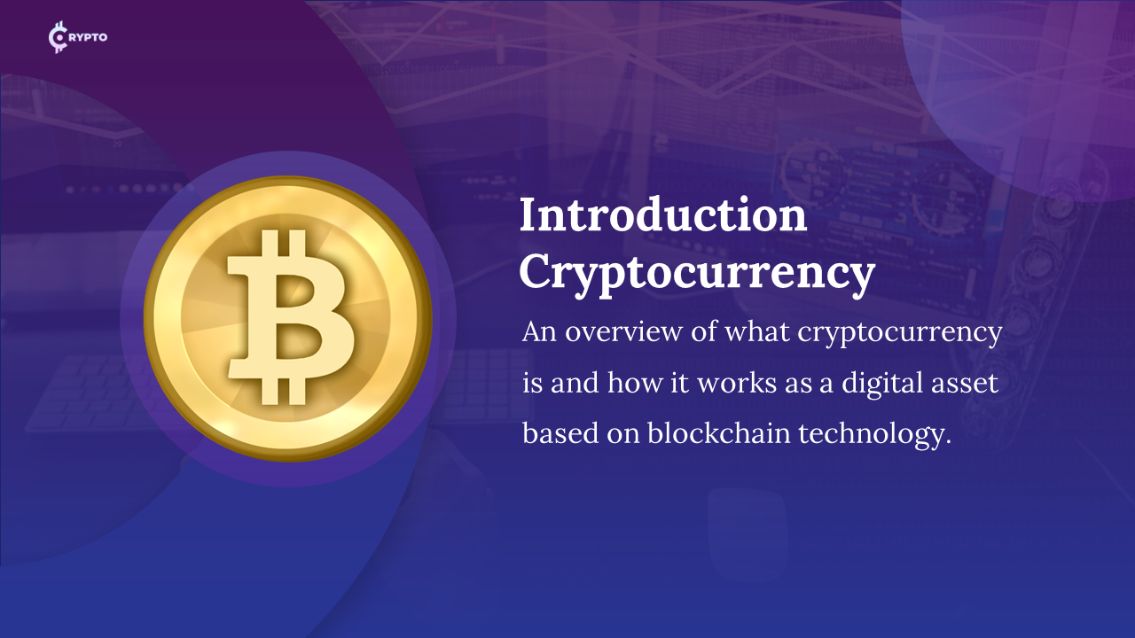 Crypto intro slide featuring a 3D Bitcoin icon and an explanation of digital currency on the blockchain in purple theme.