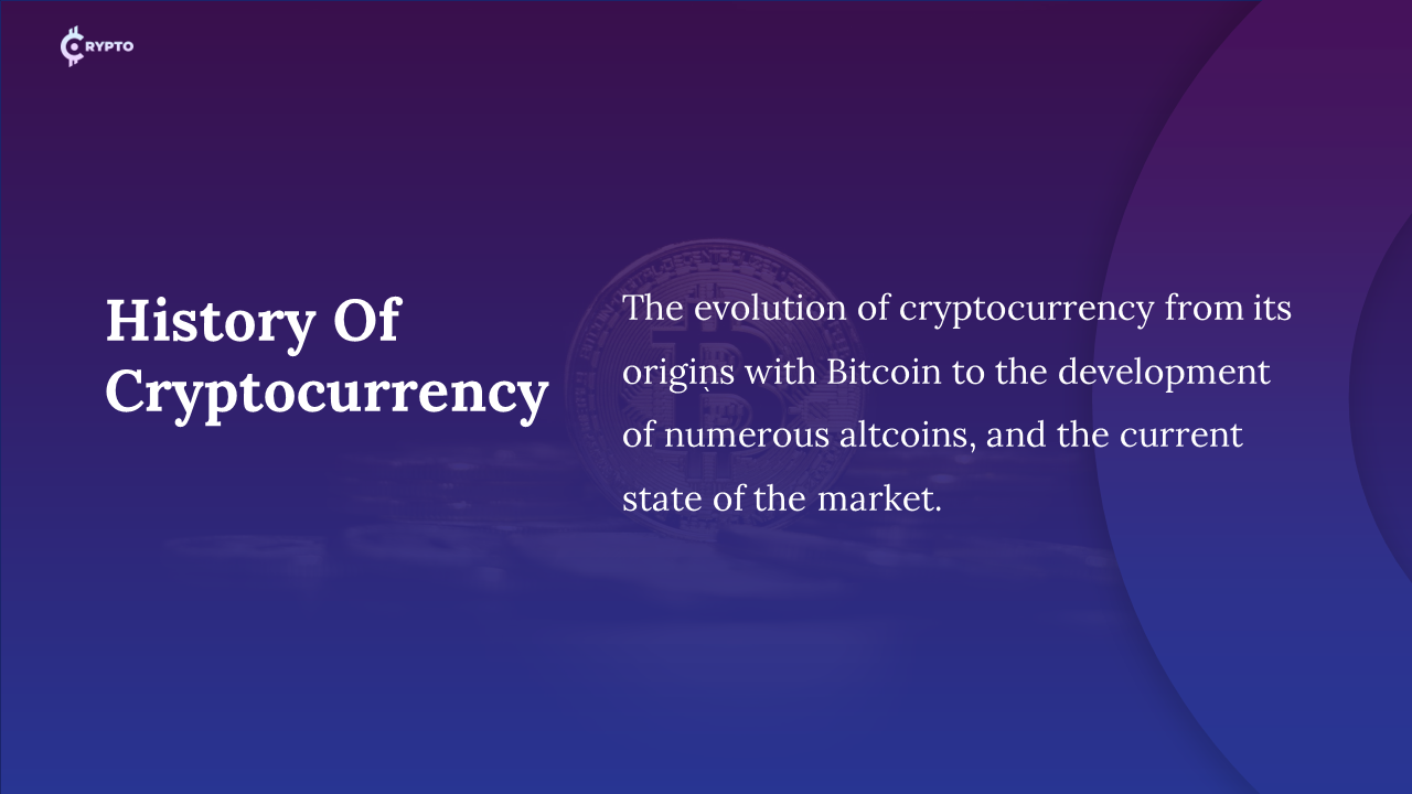 History of Cryptocurrency slide with a faded Bitcoin image and text on the evolution of digital currencies in a purple theme.