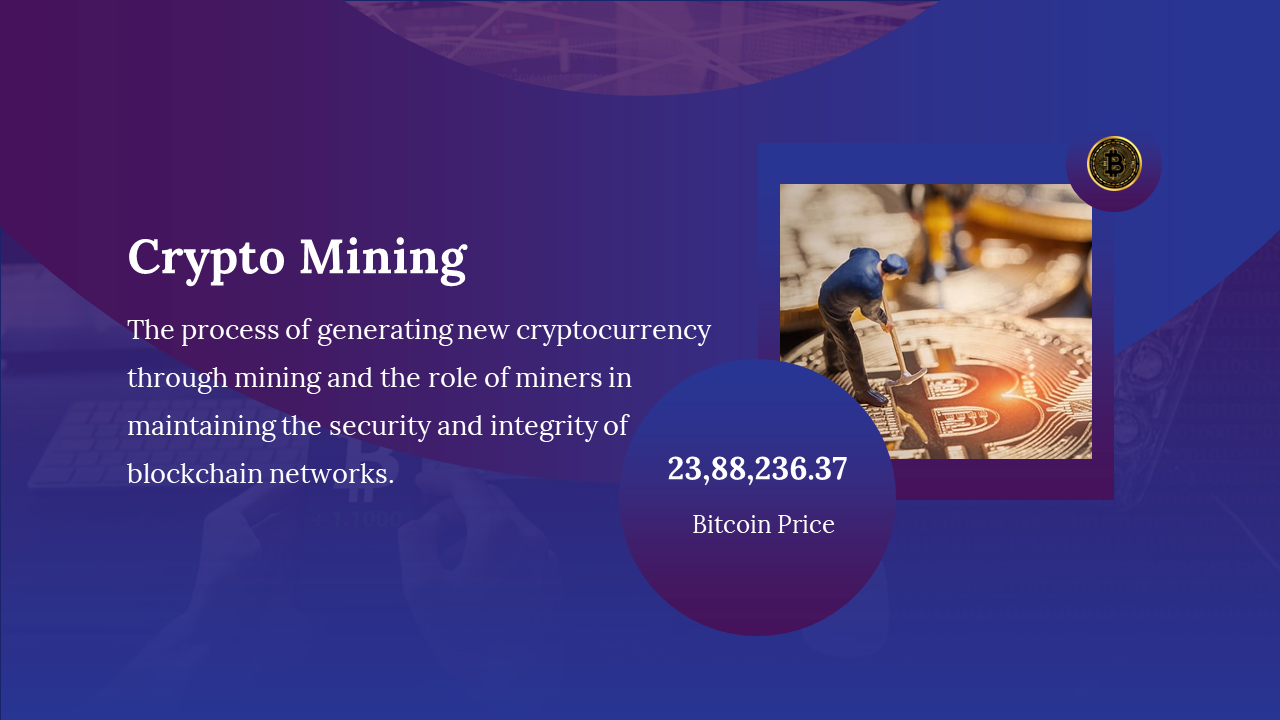 Purple crypto mining process slide showing a figure mining on a Bitcoin and highlighting its role in blockchain security.