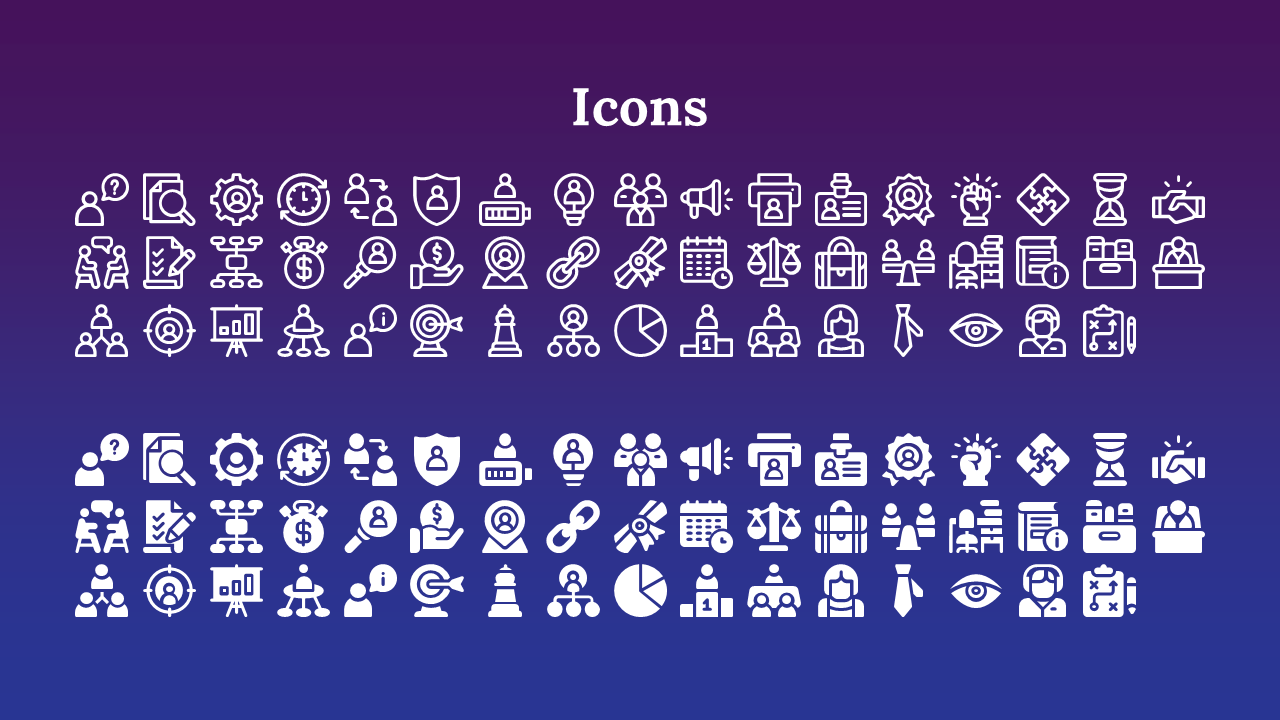 Set of business and productivity icons in line and solid styles on a gradient purple blue background.