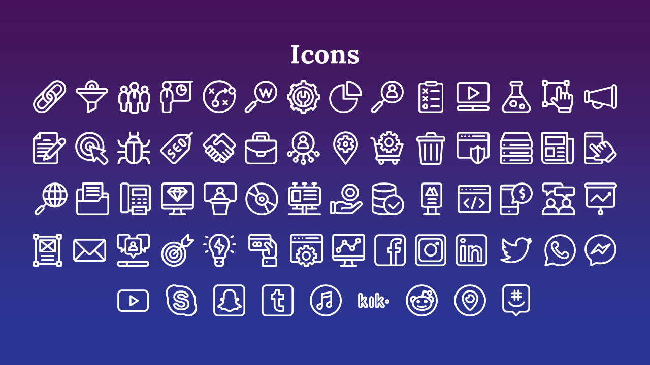 White outlined business and digital marketing icons are displayed on a gradient purple to blue background.
