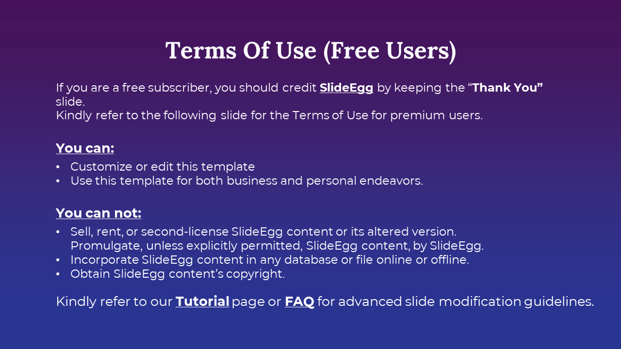 Terms of use slide for free subscribers of SlideEgg with do's and don'ts for using the presentation template in purple theme.