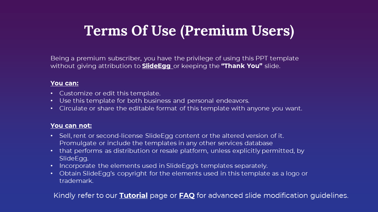 Slide outlining terms of use for SlideEgg premium users, highlighting allowed and prohibited actions in a purple theme.
