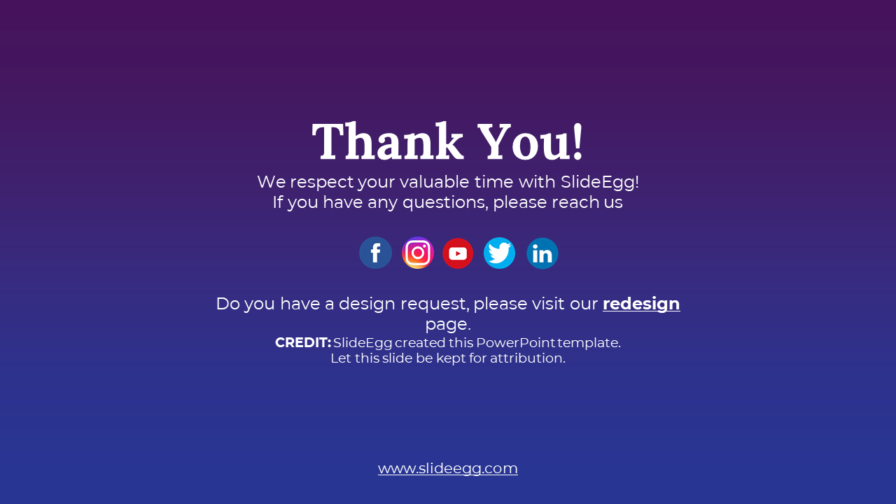 Thank you slide from SlideEgg with social media icons and contact message on a gradient purple background.