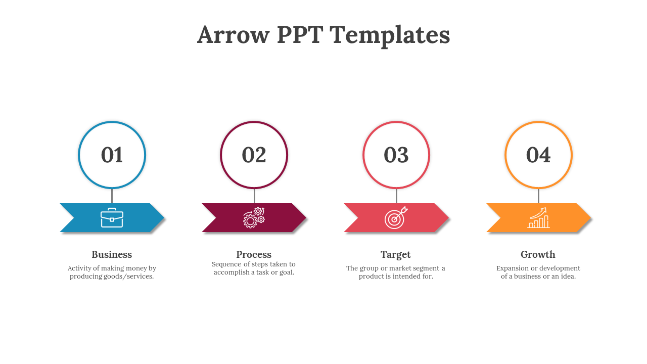 Four step colorful arrow diagram in a PowerPoint template illustrating business, process, target, and growth with icons.