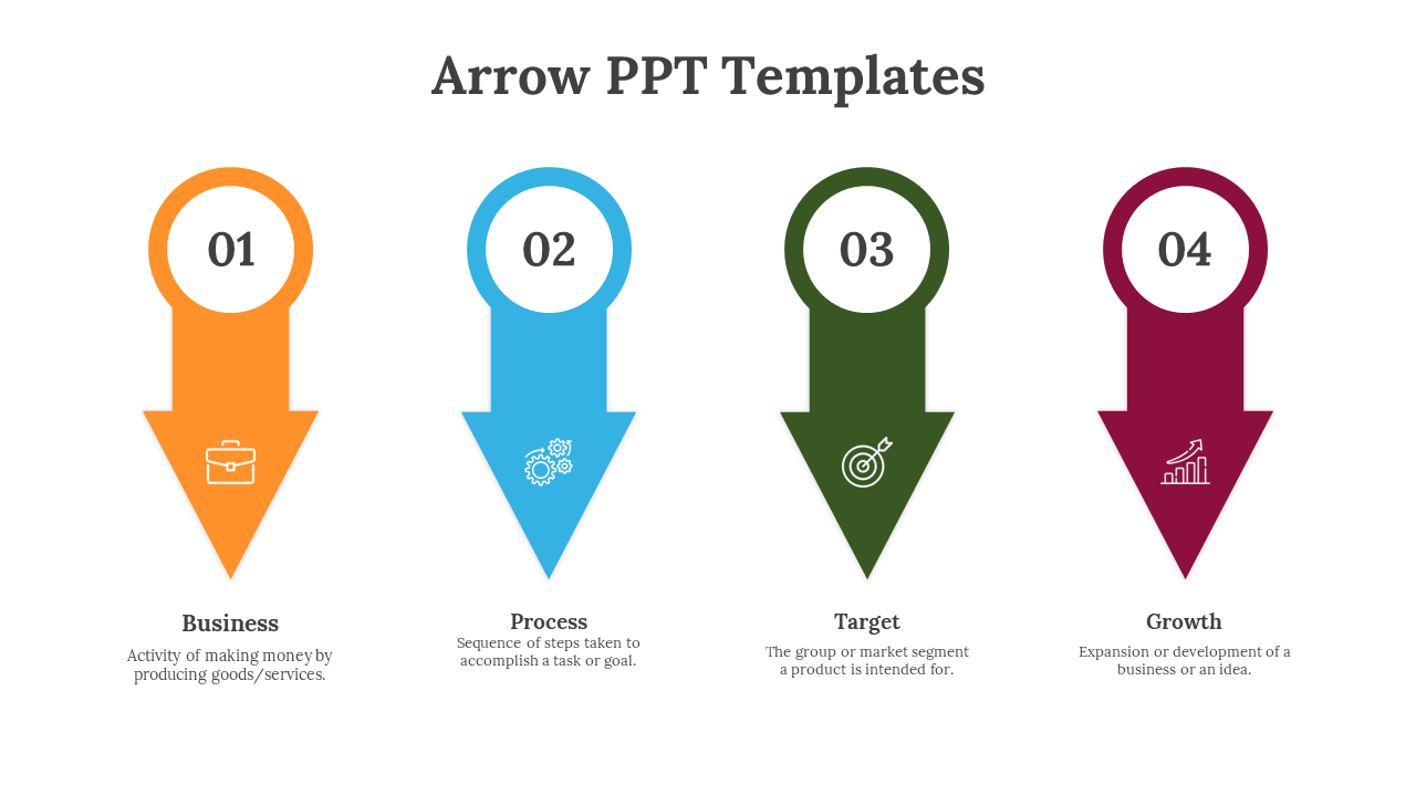 Colorful four step vertical arrow infographic for PowerPoint, showing Business, Process, Target, and Growth with icons.