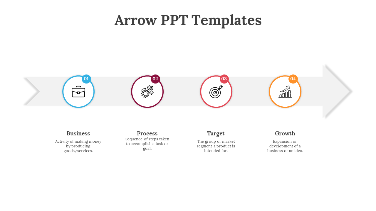 Horizontal arrow infographic slide with four colored steps Business, Process, Target, and Growth with icons in a white theme.