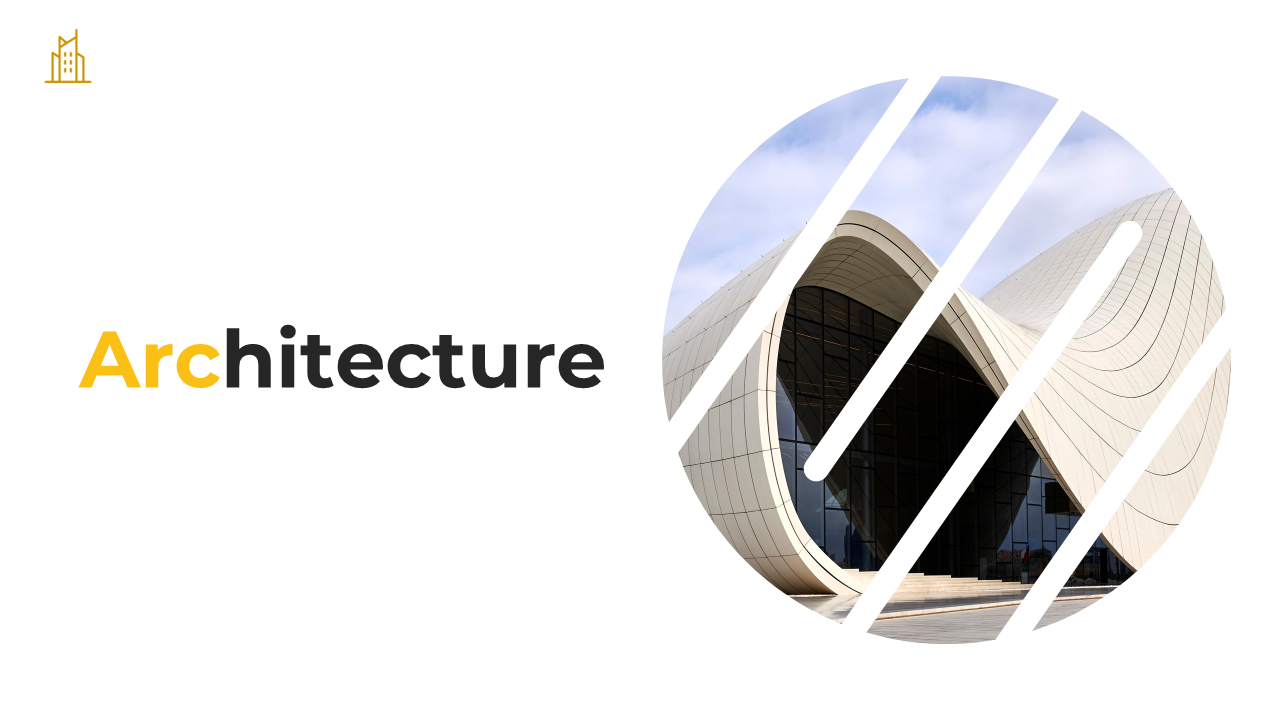 Modern architectural structure inside the circular frame with diagonal stripes, beside the word on a white backdrop.